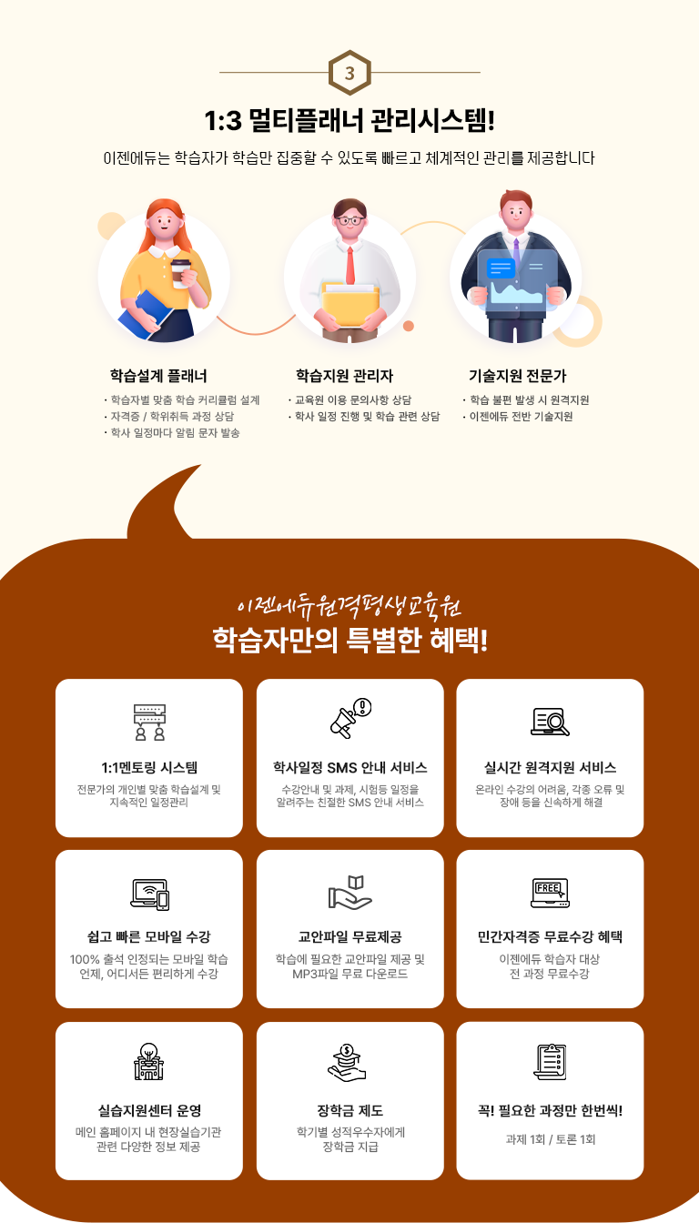 1:3 ��Ƽ�÷��� �����ý���! ��������� �н��ڰ� �н����� ������ �� �ֵ��� ������ ü������ ������ �����մϴ�. �н����� �÷��� - �н��ں� ���� �н� Ŀ��ŧ�� ���� - �ڰ���/������� ���� ��� - �л� �������� �˸� ���� �߼� �н����� ������ - ������ �̿� ���ǻ��� ��� - �л����� ���� �� �н����� ��� ������� ������ - �н� ���� �߻��� �������� - �������� ���� ������� �������������������� �н��ڸ��� Ư���� ����! 1:1���丵 �ý��� �������� ���κ� ���� �н����� �� �������� �������� �л����� SMS �ȳ� ���� �����ȳ� �� ����, ����� ������ �˷��ִ� ģ���� SMS �ȳ� ���� �ǽð� �������� ���� �¶��� ������ �����, ���� ���� �� ��ֵ��� �ż��ϰ� �ذ� ���� ���� ����� ���� 100% �⼮ �����Ǵ� ����� �н� ����, ��𼭵� �����ϰ� ���� �������� �������� �н��� �ʿ��� �������� ���� �� MP3���� ���� �ٿ�ε� �ΰ��ڰ��� ������� ���� �������� �н��� ��� �� ���� ������� �ǽ��������� � ���� Ȩ�������� ����ǽ� ��� ���� �پ��� ���� ���� ���б� ���� �б⺰ ��������ڿ��� ���б� ���� �� �ʿ��� ������ �� ����! ���� 1ȸ / ��� 1ȸ