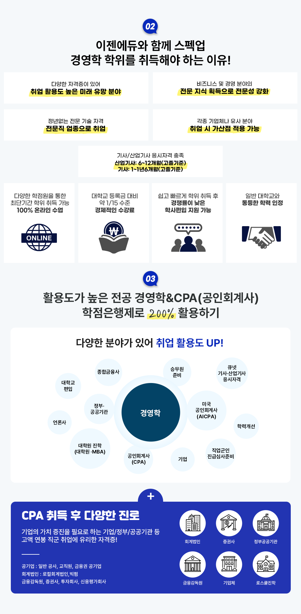 02 ��������� �Բ� ����� �濵�� ������ ����ؾ��ϴ� ����! �پ��� �ڰ����� �־� ��� Ȱ�뵵 ���� �̷� ���� �о� ����Ͻ� �� �濵 �о��� ���� ���� ȹ������ ������ ��ȭ ������� ���� ��� �ڰ� ������ �������� ��� ���� ���ü�� ���� �о� ��� �� ������ ���� ���� �پ��� �������� ���� �ִܱⰣ ���� ��� ���� 100% �¶��� ���� ���б� ��ϱ� ��� �� 1/15 ���� �������� ������ ���� ������ ���� ��� �� ������� ���� �л����� ���� ���� �Ϲ� ���б��͵����� �з� ���� 03 Ȱ�뵵�� ���� ���� �濵��&CPA(����ȸ���) ������������ 200% Ȱ���ϱ� �پ��� �о߰� �־� ��� Ȱ�뵵 UP! �濵�� - ���б� ���� / ��л� / ���Ρ�������� / ���ձ����� / ���п� ����(���п� ��MBA) / ����ȸ���(CPA) / �¹��� �غ� / ť�� ��硤������ �����ڰ� �̱� ����ȸ���(AICPA) / ��� / �������� ���޽ɻ��غ� / �з°��� + CPA ��� �� �پ��� ���� ����� ��ġ ������ �ʿ�� �ϴ� ���/����/������� �� ���� ���� ���� ����� ������ �ڰ���! - ȸ����� / ���ǻ� / ���ΰ������ / ���������� / ���ü / �ν������� * ����� : �Ϲ� ����, ������, ������ ����� ȸ����� : ����ȸ�����,���� ����������, ���ǻ�, ����ȸ��, �ſ���ȸ��