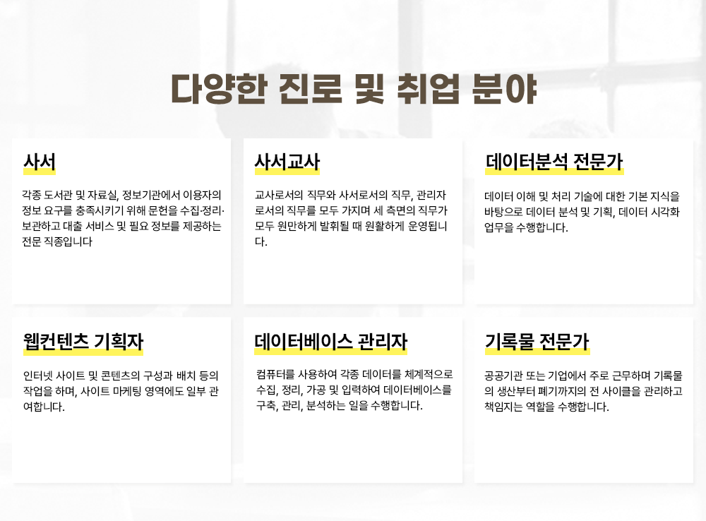 �پ��� ���� �� ��� �о� �缭 ���� ������ �� �ڷ�� ����������� �̿����� ���� �䱸�� ������Ű�� ���� ������ �����������������ϰ� ���� ���� �� �ʿ� ������ �����ϴ� ���� �����Դϴ�. �缭���� ����μ��� ������ �缭�μ��� ����, �����ڷμ��� ������ ��� ������ �� ������ ������ ��� �����ϰ� ���ֵ� �� ��Ȱ�ϰ� ��˴ϴ� �����ͺм� ������ ������ ���� �� ó�� ����� ���� �⺻ ������ �������� ������ �м� �� ��ȹ, ������ �ð�ȭ ������ �����մϴ� �������� ��ȹ�� ���ͳ� ����Ʈ �� �������� ������ ��ġ ���� �۾��� �ϸ�, ����Ʈ ������ �������� �Ϻ� �����մϴ� �����ͺ��̽� ������ ��ǻ�͸� ����Ͽ� ���� �����͸� ü�������� ����, ����, ���� �� �Է��Ͽ� �����ͺ��̽��� ����, ����, �м��ϴ� ���� �����մϴ� ��Ϲ� ������ ������� �Ǵ� ������� �ַ� �ٹ��ϸ� ��Ϲ��� ������� �������� �� ����Ŭ�� �����ϰ� å������ ������ �����մϴ�