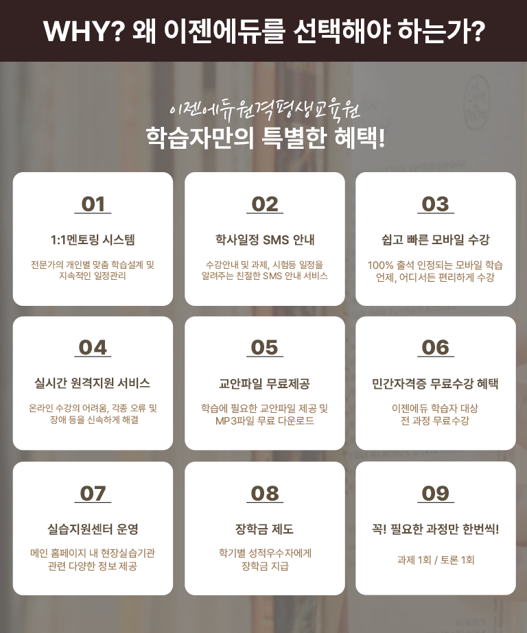 Why? �� �������ฦ �����ؾ� �ϴ°�? �������������������� �н��ڸ��� Ư���� ����! 1:1���丵 �ý��� �������� ���κ� ���� �н����� �� �������� �������� �л����� SMS �ȳ� ���� �����ȳ� �� ����, ����� ������ �˷��ִ� ģ���� SMS �ȳ� ���� �ǽð� �������� ���� �¶��� ������ �����, ���� ���� �� ��� ���� �ż��ϰ� �ذ� ���� ���� ����� ���� 100% �⼮ �����Ǵ� ����� �н� ����, ��𼭵� �����ϰ� ���� �������� �������� �н��� �ʿ��� �������� ���� �� MP3���� ���� �ٿ�ε� �ΰ��ڰ��� ������� ���� �������� �н��� ��� �� ���� ������� �ǽ��������� � ���� Ȩ������ �� ����ǽ���� ���� �پ��� ���� ���� ���б� ���� �б⺰ ��������ڿ��� ���б� ���� �� �ʿ��� ������ �ѹ���! ���� 1ȸ / ��� 1ȸ