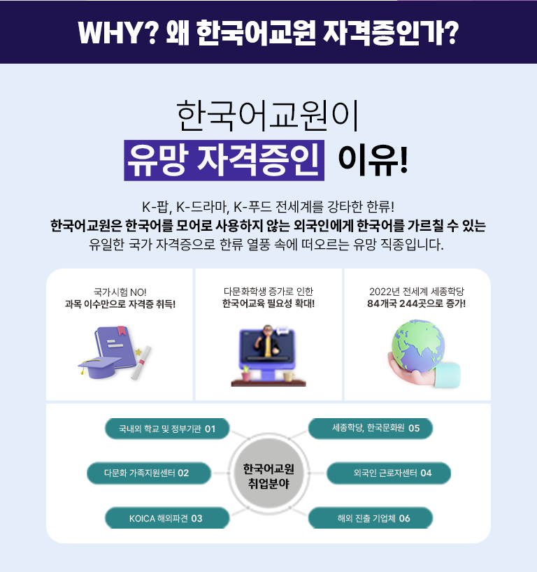 Why �� �ѱ���� �ڰ����ΰ�? �ѱ���� ���� �ڰ����� ����! K-��, k-���, k-Ǫ�� �����踦 ��Ÿ�� �ѷ� �ѱ������ �ѱ�� ���� ������� �ʴ� �ܱ��ο��� �ѱ�� ����ĥ �� �ִ� ������ �����ڰ������� �ѷ� ��ǳ �ӿ� �������� ���� �����Դϴ�. �������� NO! ���� �̼������� �ڰ��� ���! �ٹ�ȭ�л� ������ ���� �ѱ���� �ʿ伺 Ȯ��! 2022�� ������ �����д� 84���� 244������ ����! �ѱ���� ����о� 01 ������ �� ���α�� 02 �ٹ�ȭ ������������ 03 KOICA �ؿ��İ� 04 �����д�, �ѱ���ȭ�� ��, 05 �ܱ��� �ٷ��ڼ��� 06 �ؿ� ���� ���ü