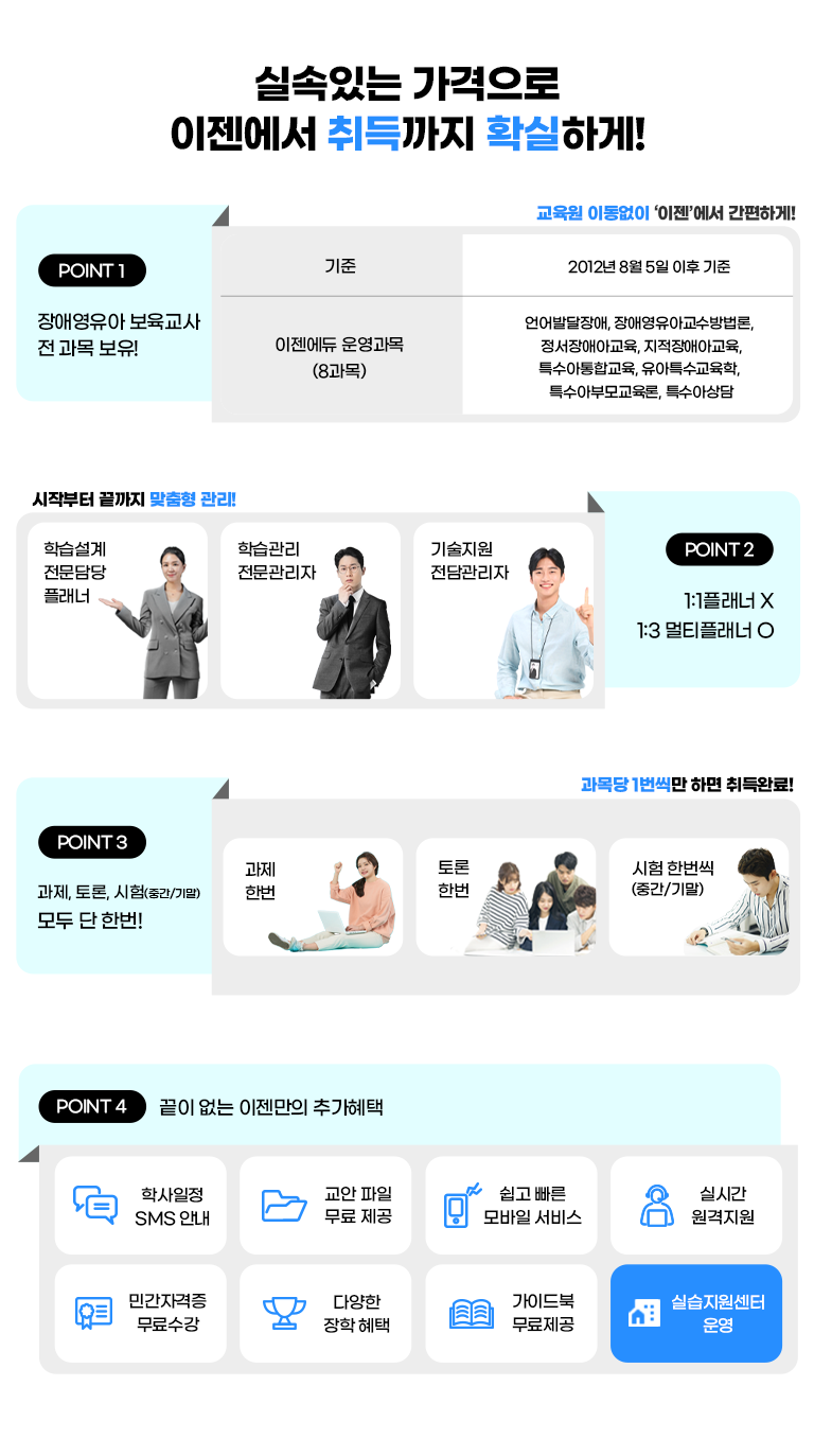 �Ǽ��ִ� �������� �������� ������ Ȯ���ϰ�! point 1 ��ֿ����� �������� ��-������ : ���� 2012�� 8�� 5�� ���� ����, �������� �����(8����) ���ߴ����, ��ֿ����Ʊ��������, ������־Ʊ���, ������ü�Ʊ���, Ư�������ձ���, ����Ư��������, Ư���ƺθ�����, Ư���ƻ��. ������ �̵����� '����'���� �����ϰ�! / ���ۺ��� ������ ������ ����! point 2 1:1 �÷���X 1:3��Ƽ�÷��� : 1)�н����� ��������÷��� - ���λ�Ȳ�� �´� 1:1 ���� �н�����, �ڰ��� �� ���������� ������, ���ۺ��� ������ ������ ������ ����  2)�н����� ���������� - ������ �̿�� ���ǻ��� ���, ������� �� �н����� ���, �н����� ������û �� ��� ��� 3)������� ��������� - ��ֹ߻���, ���������� ���� ������� ��������.  / point 3 ������ ����,���,���� ��� �� �ѹ� : ����, ���, ����(�߰�/�⸻). ����� 1������ �ϸ� ���Ϸ�! / point 4 ���� ���� �������� �߰����� : �л����� SMS�ȳ�, �������� ��������, ���� ���� ����� ����, �ǽð� ��������, �ΰ��ڰ��� �������, �پ��� ���� ����, ���̵�� ���� ����, �ǽ��������� �